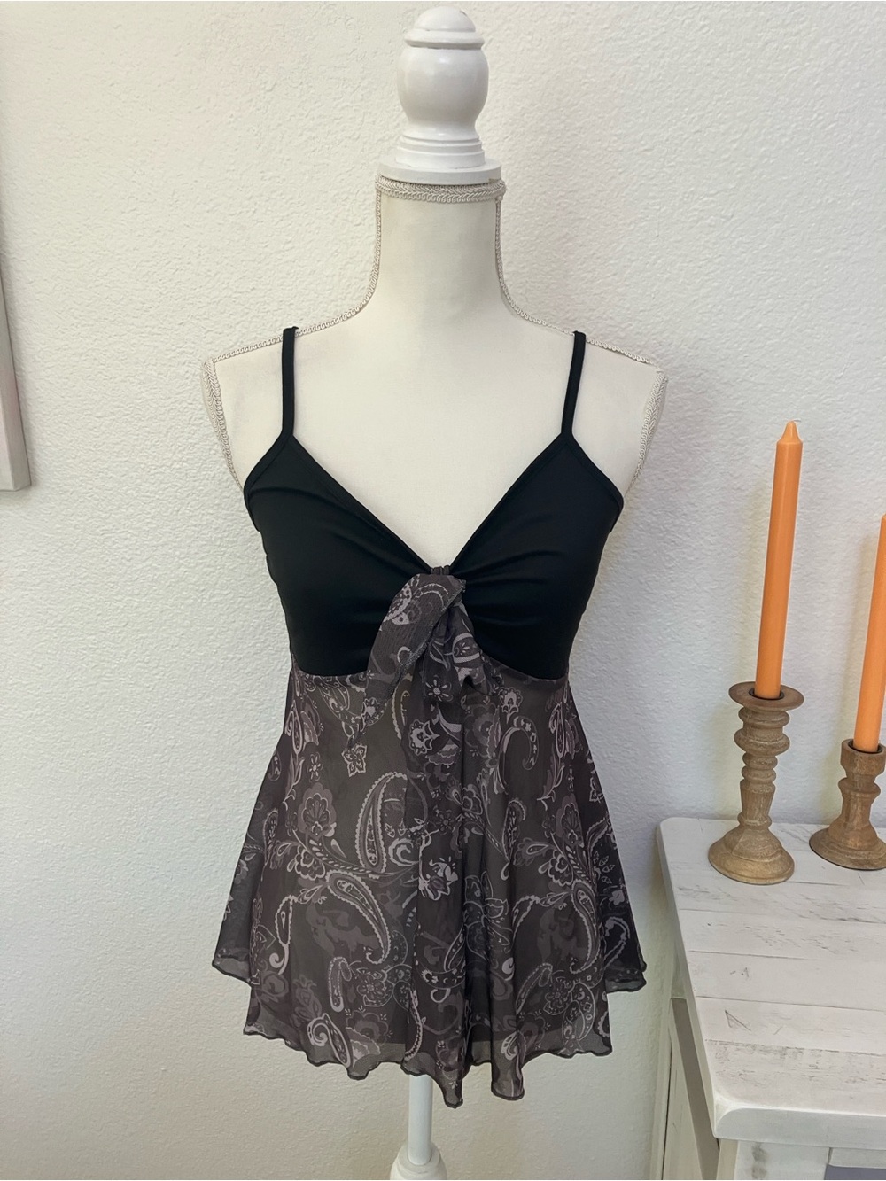 Black Paisley Lace-Trim Babydoll Top